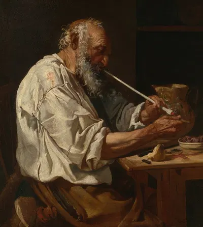 Old Peasant Lighting a Pipe by Johann Carl Loth, c. 1660 — digital art print download