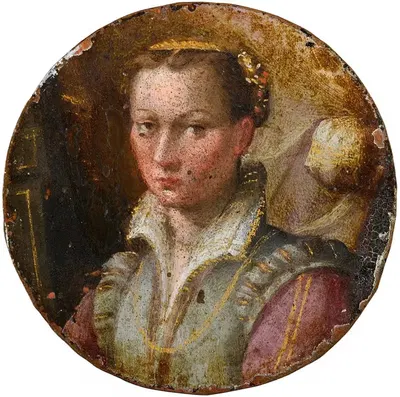 Портрет молодой женщины, по пояс, в зеленом платье с розовыми рукавами by Лавиния Фонтана — digital art print download