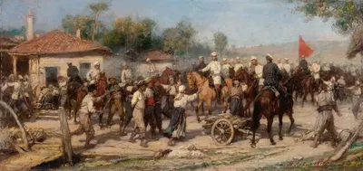 Эпизод из войны 1877-78 годов; Русские войска освобождают балканскую деревню от турок by Павел Осипович Ковалевский —…
