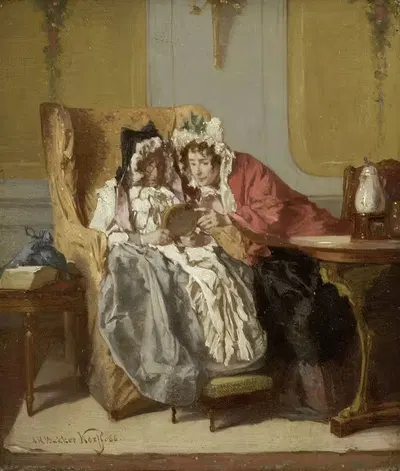 Две дамы, рассматривающие маленькую картину by Александр Хуго Баккер Корфф, 1866 — digital art print download