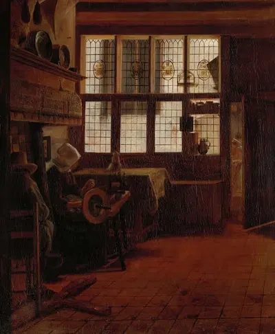 Интерьер с женщиной за прялкой by Эсайас Бурссе, 1661 — digital art print download