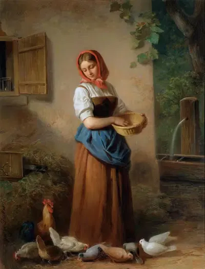 Ein Mädchen, Hühner und Tauben fütternd by Georg Decker, 1850-1855 — digital art print download