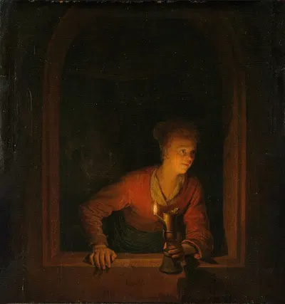 Девушка с масляной лампой у окна by Геррит Доу, 1645 - 1675 — digital art print download