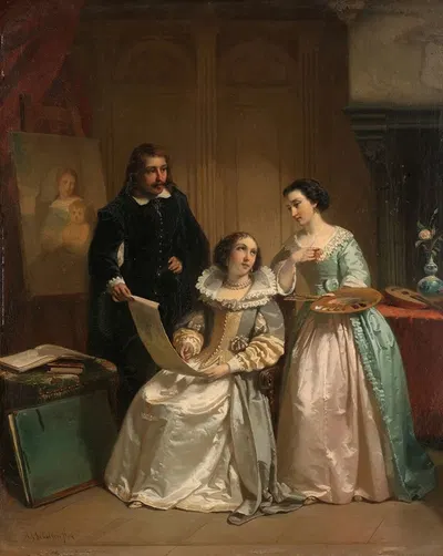 Gerard van Honthorst Showing the Drawings of his Pupil Louise of Bohemia to Amalia van Solms by Hendrik Jacobus Scholten,…