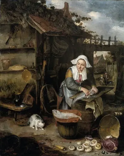 Домохозяйка во внутреннем дворе, чистящая рыбу by Хендрик Потуйл, 1639 - 1649 — digital art print download