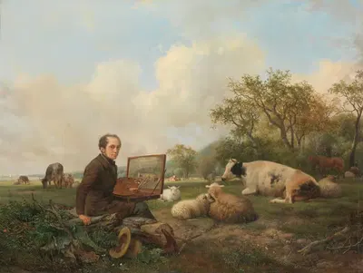 Художник, рисующий корову на лугу by Хендрикус ван де Санд Бахуйзен, 1850 — digital art print download