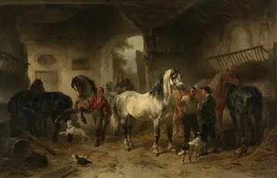 Интерьер конюшни с лошадьми и фигурами by Вутерус Версхур, 1850 - 1874 — digital art print download