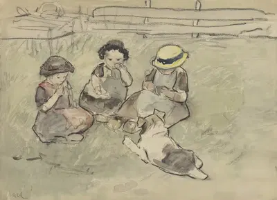 Drie meisjes met een hond zittend in een weiland by Adolf le Comte, 1860 - 1921 — digital art print download
