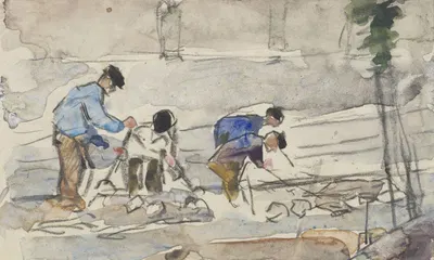 Vier werklieden bezig met grondwerkzaamheden by Adolf le Comte, 1860 - 1921 — digital art print download