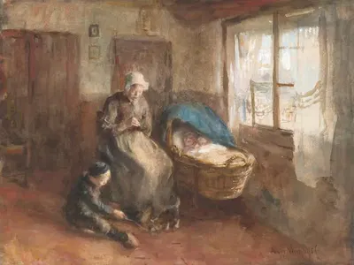 Interieur met een vrouw bij een wieg en een jongetje op de grond by Albert Neuhuys — digital art print download
