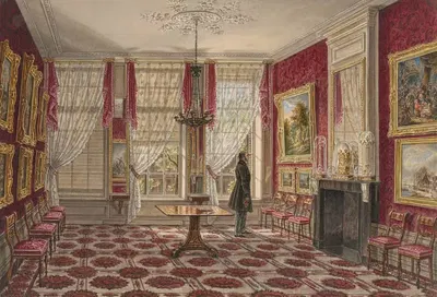 19e eeuws interieur met schilderijen en staande figuur by Augustus Wijnantz, 1842 - 1848 — digital art print download
