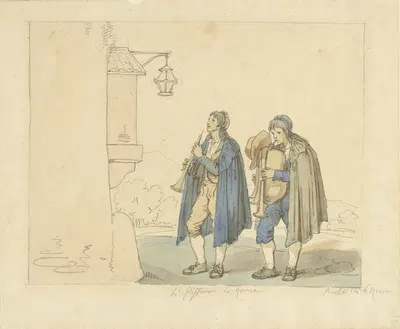 Флейтист и волынщик перед домом by Бартоломео Пинелли, 1816 — digital art print download