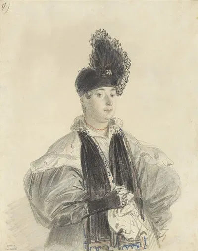 Portret van een staande dame met zwarte shawl en zwarte hoed by Денис Огюст Мари Раффе, 1814 - 1860 — digital art print…
