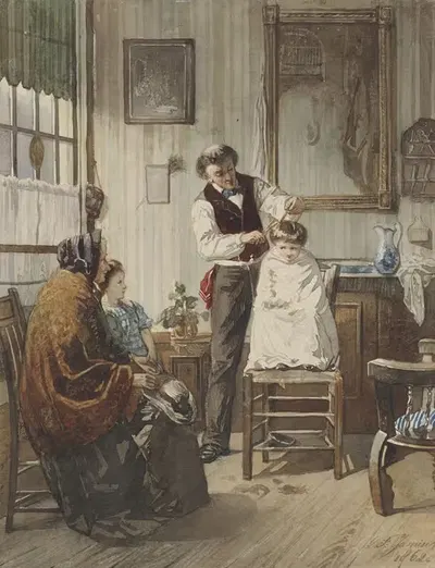 Kind bij de kapper by Diederik Franciscus Jamin, 1862 — digital art print download
