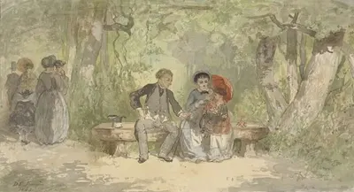 Man, vrouw en kind op een bank in het park by Diederik Franciscus Jamin, 1863 — digital art print download