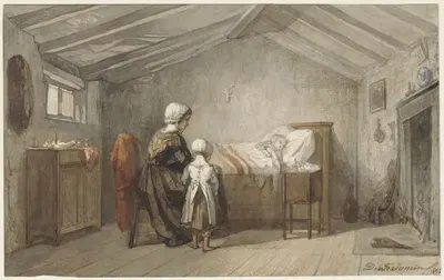 Мать и дочь у постели больного ребенка by Дидерик Францискус Ямин, 1862 — digital art print download
