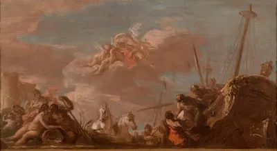 Разгрузка товаров на берегу Сены, прибывших из Луизианы by Джованни Антонио Пеллегрини, 1720 — digital art print download
