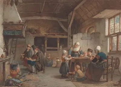 Boereninterieur, familie in de keuken by Hendrik Jacobus Scholten, 1834 - 1907 — digital art print download