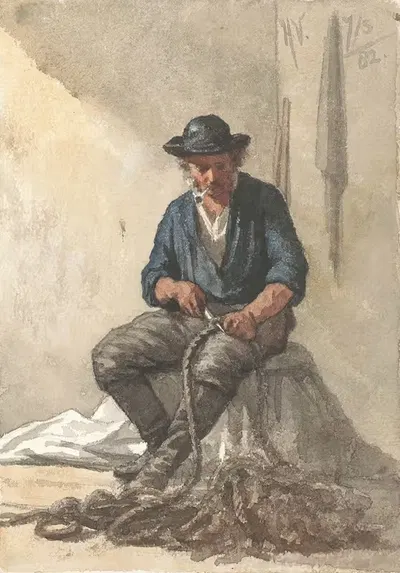 Сидящий рыбак, работающий над веревкой by Хендрик Валькенбург, 1882 — digital art print download