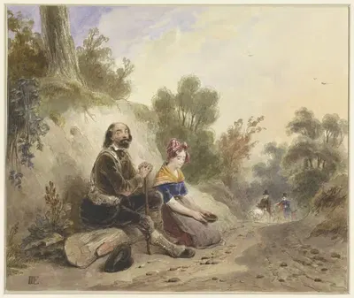 Blinde man met meisje, bedelend aan de kant van een landweg by Jacob Joseph Eeckhout, 1803 - 1861 — digital art print…
