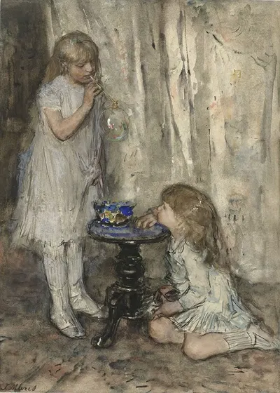 Two Girls Blowing Bubbles by Jacob Maris, c. 1880 — digital art print download