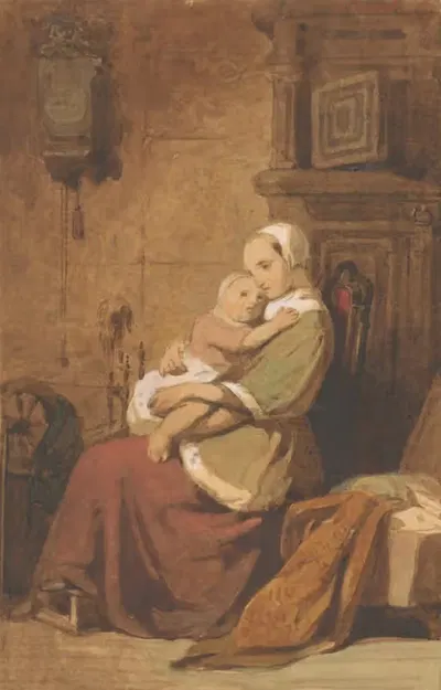Мать и ребенок в интерьере by Якоб Споэль, 1849 — digital art print download