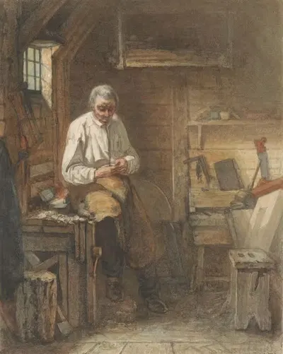 Плотник, сидящий на строгальном станке в своей мастерской by Якоб Танман, 1861 — digital art print download