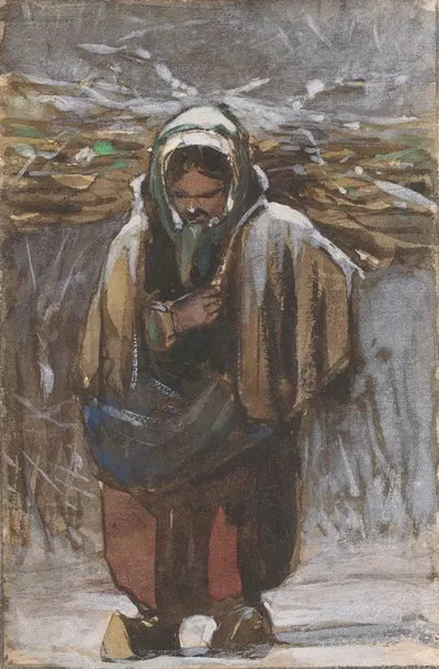 Boerin met sprokkelhout op haar rug in winterlandschap by Jan Weissenbruch, 1832 - 1880 — digital art print download