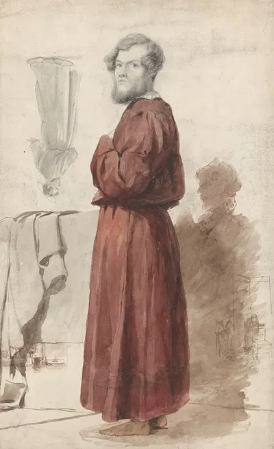 Figuurstudies met een staande man in rode kamerjas by Jan Weissenbruch, 1832 - 1880 — digital art print download