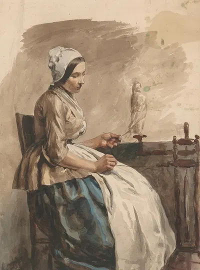 Spinnende jonge vrouw by Jan Weissenbruch, 1832 - 1880 — digital art print download