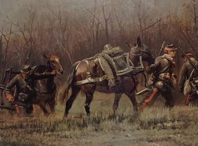 Военная сцена; мобильные, ведущие мулами-амбулансами (фрагмент панорамы Шампиньи) by Жан-Батист Эдуар Детель, 1881 —…