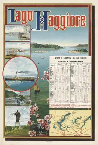 Lago Maggiore. Impresa di Navigazione sul Lago Maggiore. Orario 1. Giugno 1889 by Gabriele Chiattone, 1889 — digital art…