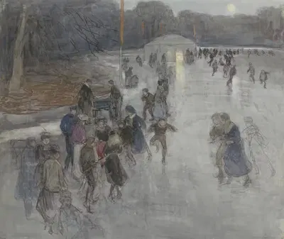 IJsvermaak bij maanlicht, op een bevroren vijver in het Haagse Bosch by Johan Antonie de Jonge, 1874 - 1927 — digital art…