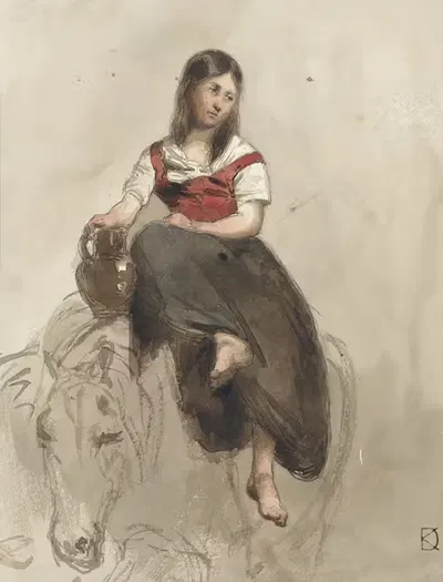 Vrouw op een paard gezeten met kan by Johan Daniël Koelman, 1841 - 1857 — digital art print download
