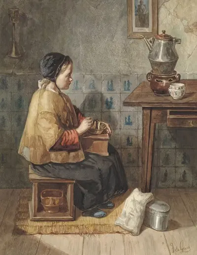 Meisje zittend op een stoof by Joseph de Groot, 1838 - 1899 — digital art print download