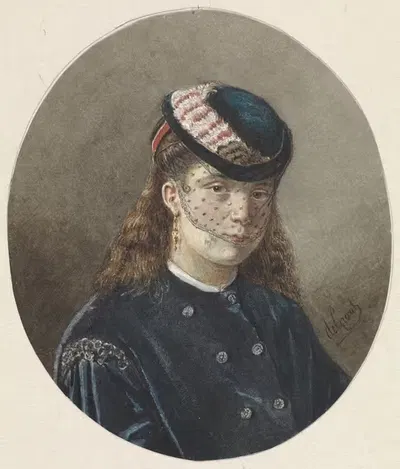 Portret van een jonge vrouw met hoedje met voile by Joseph de Groot, 1838 - 1899 — digital art print download