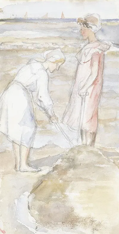 Twee meisjes in roze en wit op het strand by Йозеф Исраэльс, 1834 - 1911 — digital art print download
