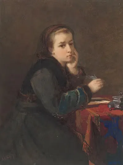 Девушка, сидящая и пишущая за столом by Кейт Бисхоп-Свифт, 1844 - 1928 — digital art print download