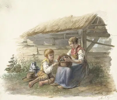 Девочка и мальчик с корзинкой молодых птиц by Максимилиен Гийон, 1878 - 1903 — digital art print download