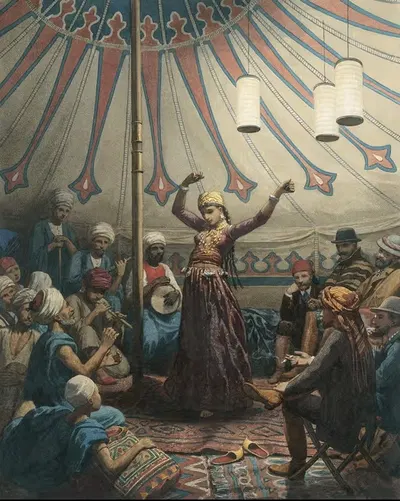 Египетская танцовщица в палатке с музыкантами и зрителями by Виллем де Фамарс Тестас, 1868 — digital art print download