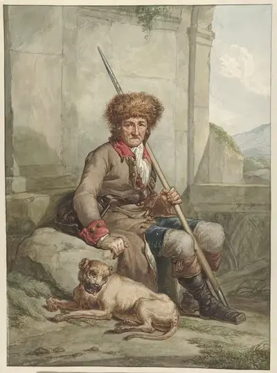 Сидящий охотник с меховой шапкой, копьем и плетенкой by Абрахам Ван Стрий, 1763 - 1826 — digital art print download