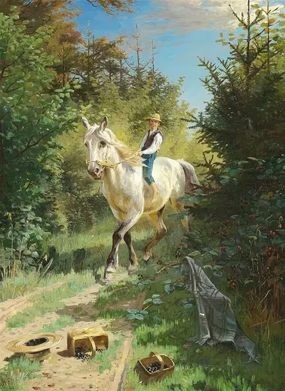 Молодой человек на белой лошади в лесу by Адольф Маккепранг — digital art print download
