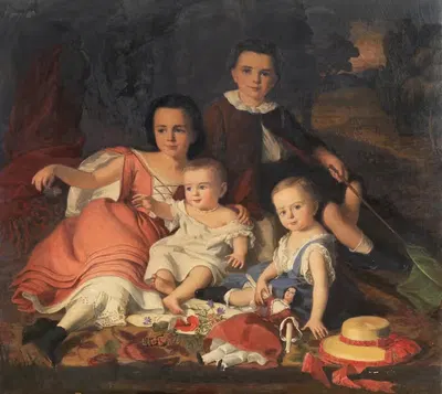 A Group Portrait with Four Children in a Landscape by Alajos Györgyi Giergl, 1858 — digital art print download