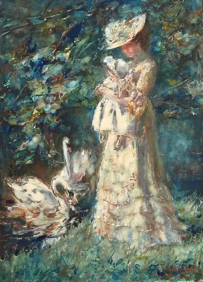 Кормление лебедей, жена художника Тйике и их дочь Альбертин by Альберт Роэлофс — digital art print download