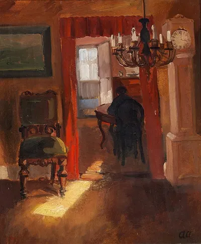 Skageninteriør med en solstribe på gulvet by Anna Ancher — digital art print download