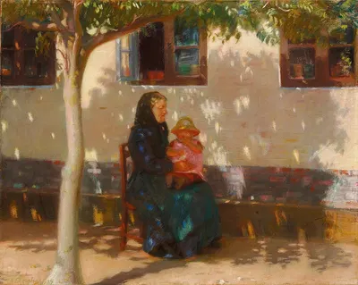 Skagenskone med den lille Helga Ancher på skødet i solskin foran et hvidkalket hus by Anna Ancher, 1889 — digital art print…