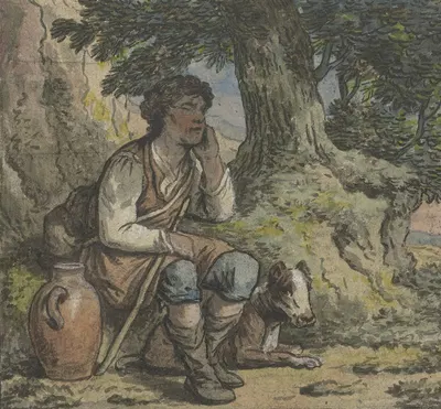 Jongen onder een boom met een hond en een kruik by Anthony Andriessen, 1756 - 1813 — digital art print download