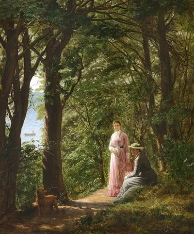 To kvinder og en hund på en skovsti med udsigt mod havet en sommerdag by August Schiøtt, 1878 — digital art print download