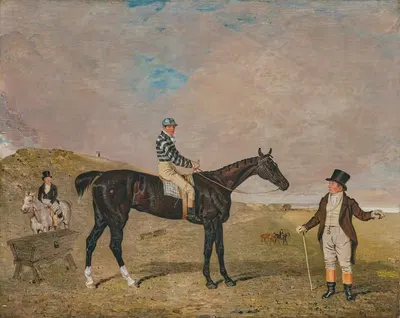 'Bravura', an iron-grey filly, with James Robinson up, with her owner Sir Robert Keith Dick, Bt., her trainer mounted on a…
