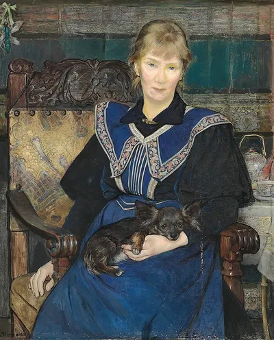 Женщина в синем платье с маленькой собакой на коленях by Берта Вегманн — digital art print download